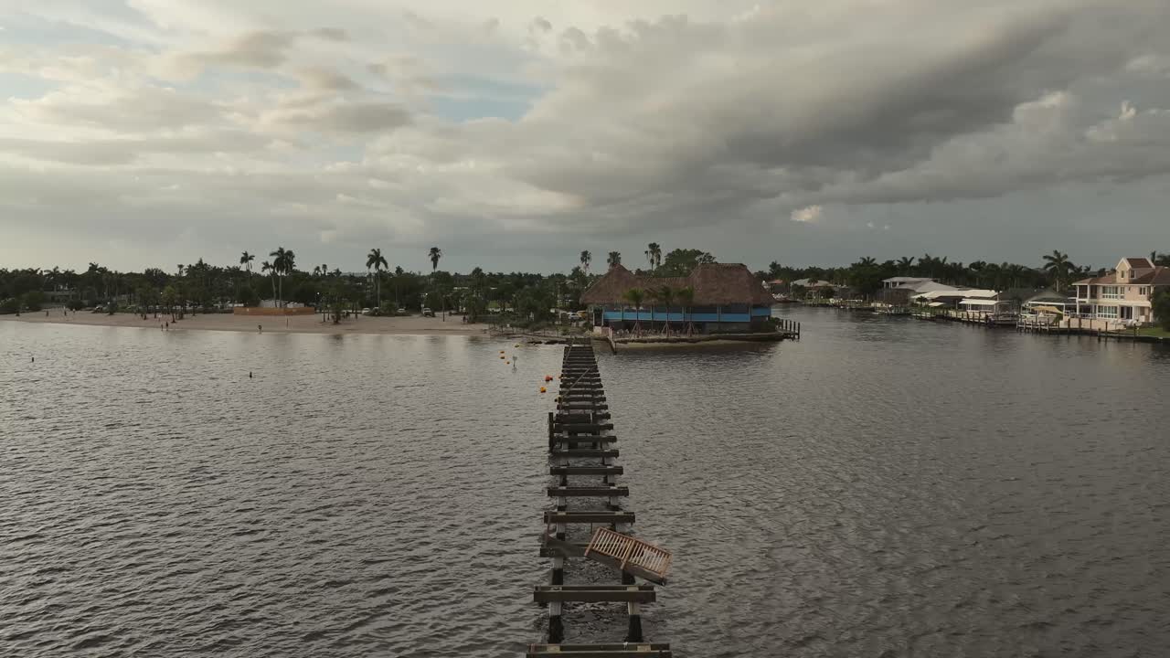 Drone view of waterfront restaurant and bar