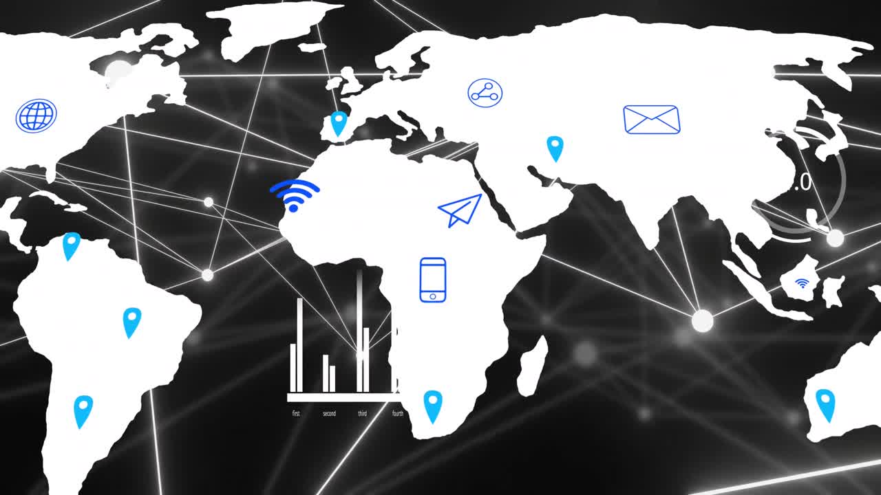 검은색 배경 위의 세계 지도에서 연결 네트워크와 디지털 아이콘의 애니메이션
