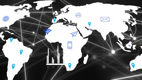 animación de la red de conexiones e íconos digitales en el mapa del mundo sobre fondo negro