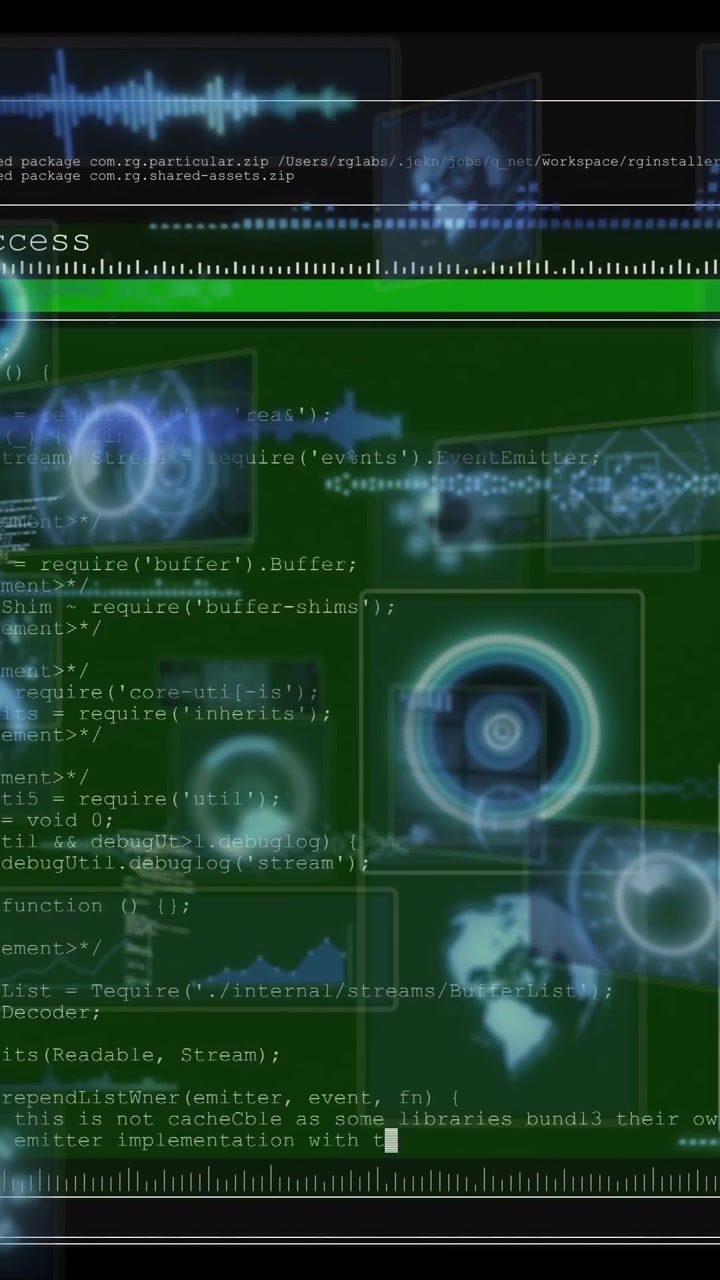 Digital data processing animation over green terminal screen with code and diagrams