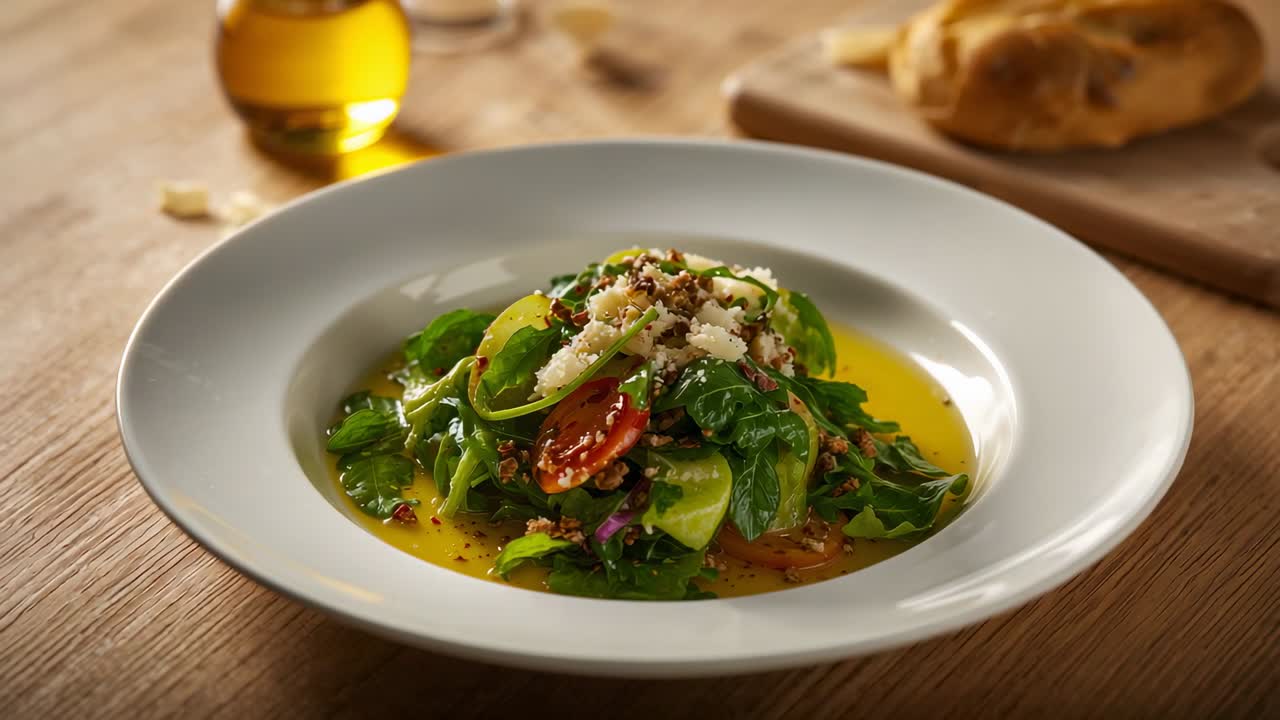 Pushing camera closer on plated salad on wood, showing dressing, oil bottle, bread for texture