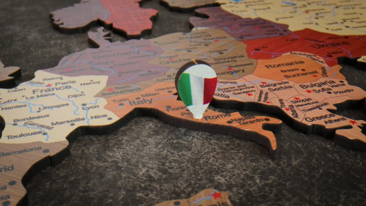 Italia - Concetto di viaggio con puntina sulla mappa del mondo. Il punto di localizzazione sulla mappa indica Roma, la capitale d'Italia.