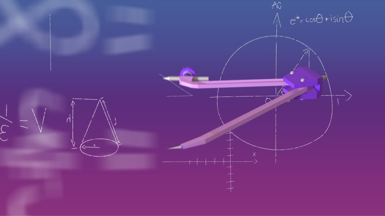 Animation of compass and mathematical formulae over purple background