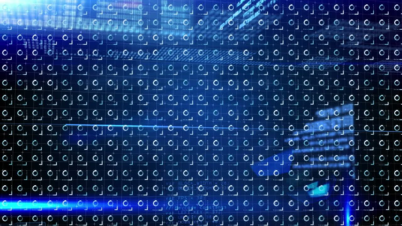 Animation of data processing over rotating loading circles on black background