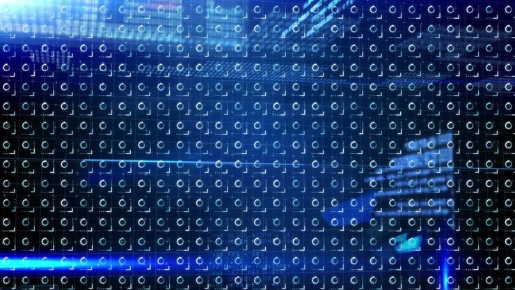 Animation of data processing over rotating loading circles on black background