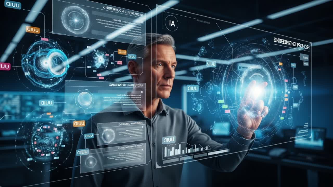 A professional analyzing advanced data visualizations and interfaces, immersed in a futuristic workspace with holographic displays showcasing various analytical metrics and insights