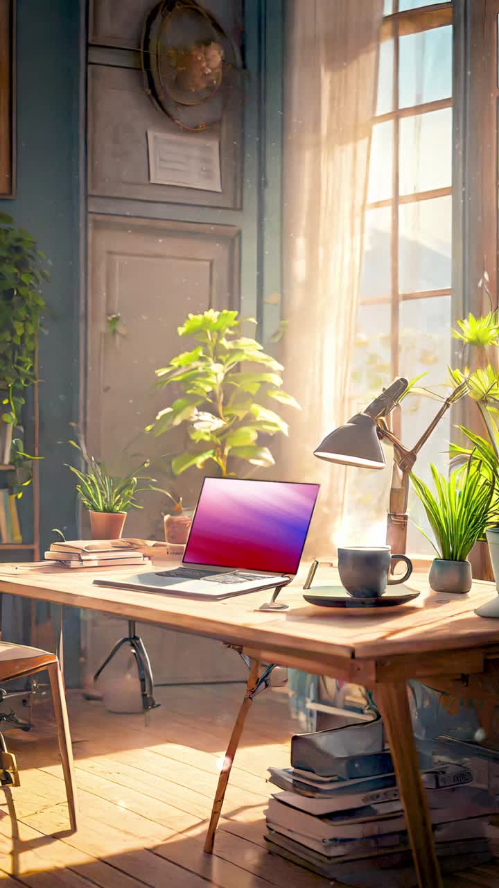Bright Home Office Workspace with Laptop, Coffee, and Potted Plants