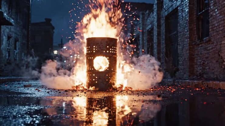 En levende flamme omslutter en perforeret tønde i en dyster gyde, der oplyser omgivelserne med flakkende flammer og tyk røg under en regnfuld nat.