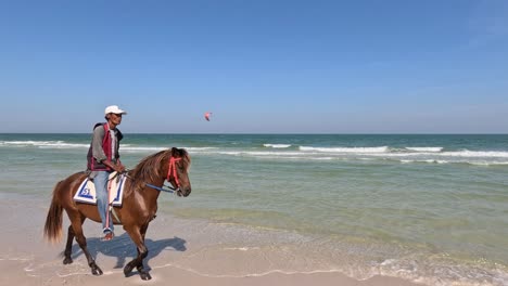 a person riding a horse on a sunny beach