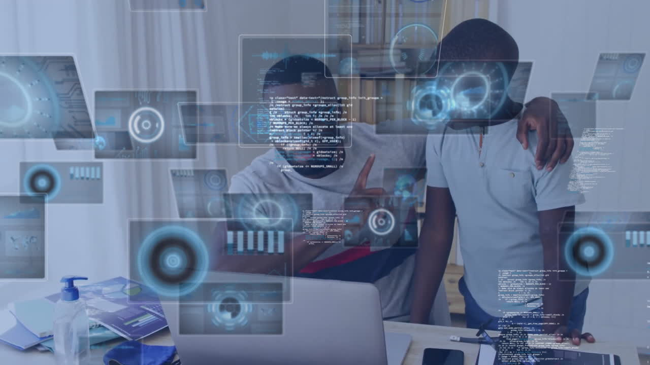 Animation of data over happy african american father and son with laptop talking at home