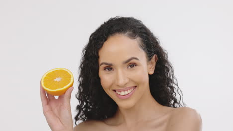 woman, beauty and orange fruit portrait