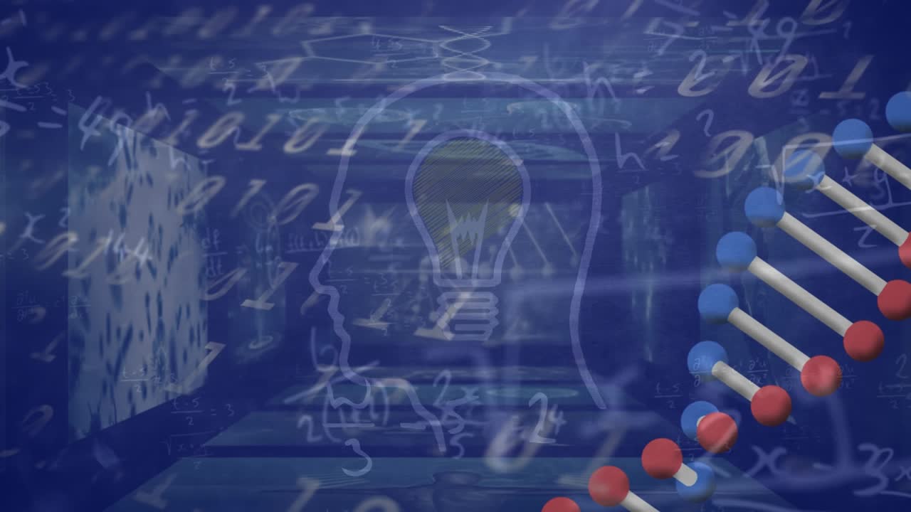 Animation of dna, human profile and scientific data processing on blue background