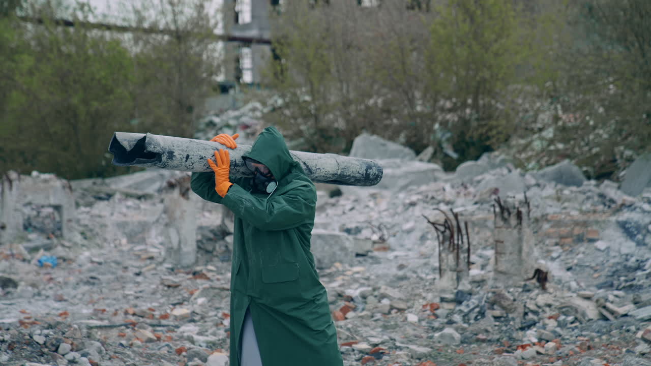 Person in gas mask on ruins. Man in protective clothing and gas mask walking through the ruined city