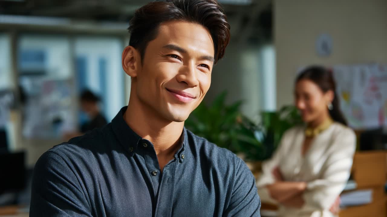 In a modern office environment, a man exudes confidence and charisma, wearing a stylish shirt, as a woman smiles in the background, showcasing a vibrant and positive workplace interaction
