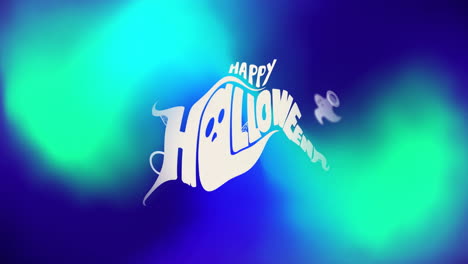 animation of happy halloween text and ghosts over blue background