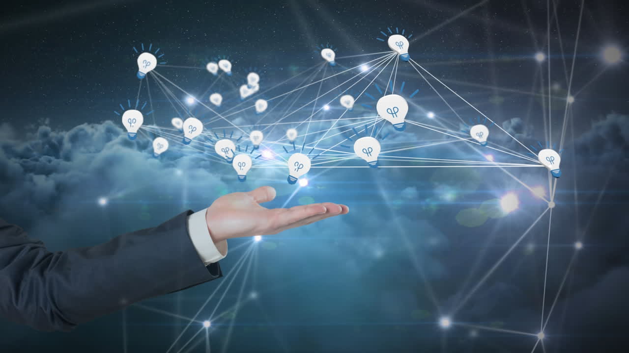 혁신적인 아이디어를 상징하는 구름 풍경 위에 전구 아이콘의 네트워크를 제시합니다.