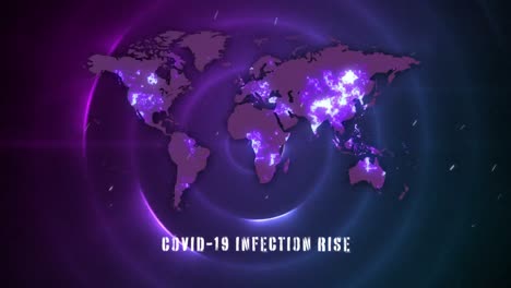 Animación-De-Las-Palabras-Aumento-De-Infección-Por-Covid-19-Escritas-En-El-Mapa-Mundial,-Propagación-Del-Coronavirus-Covid-19