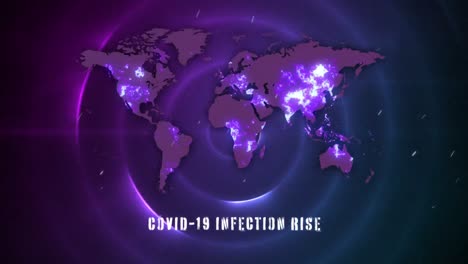 animation of the words covid-19 infection rise written over world map,coronavirus covid 19 spreading