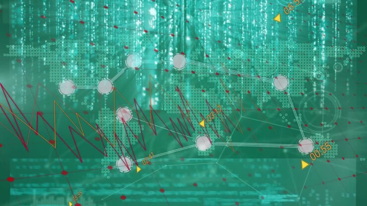 Animation of network of connections with icons over sea view