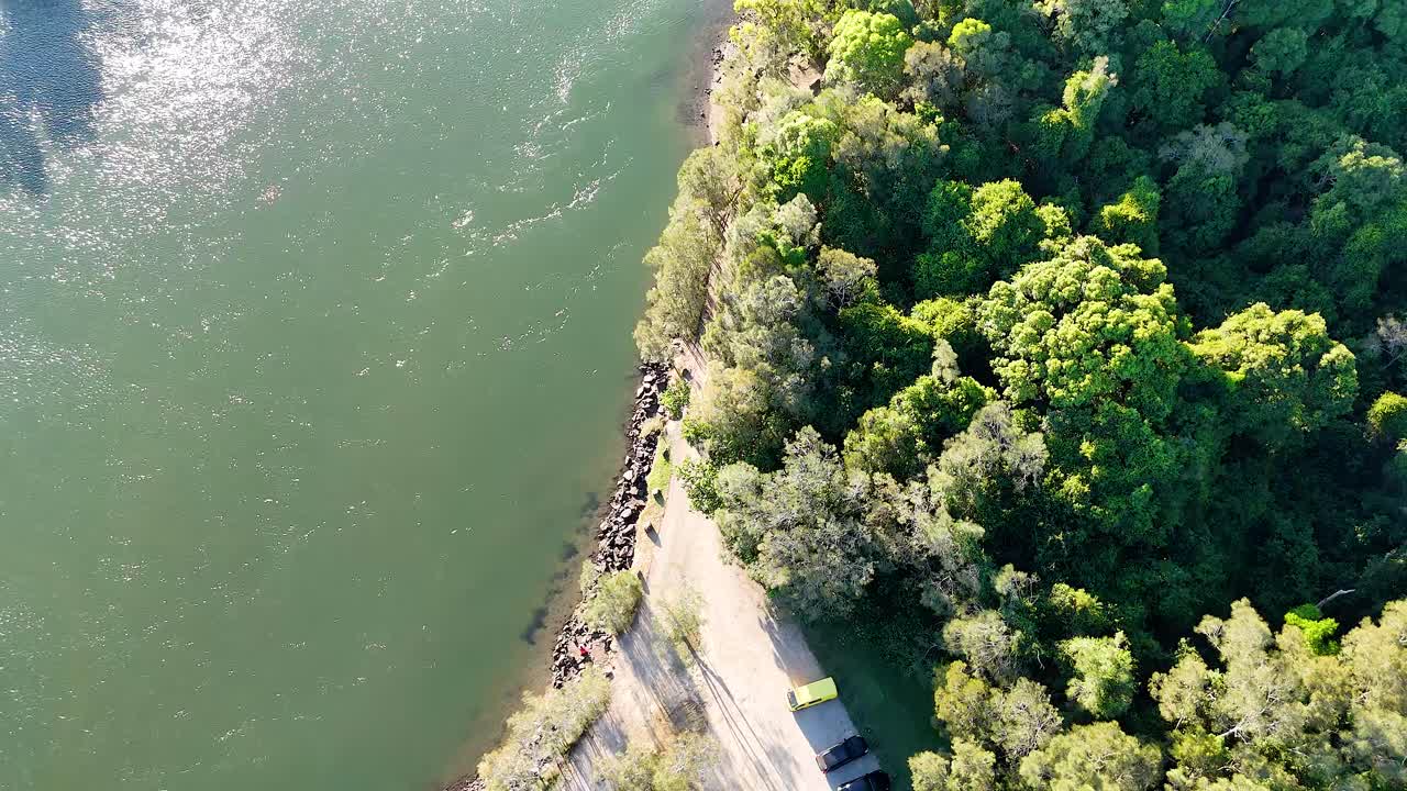 울창 한 초록색 은 평온 한 해안 해수 와 만난다