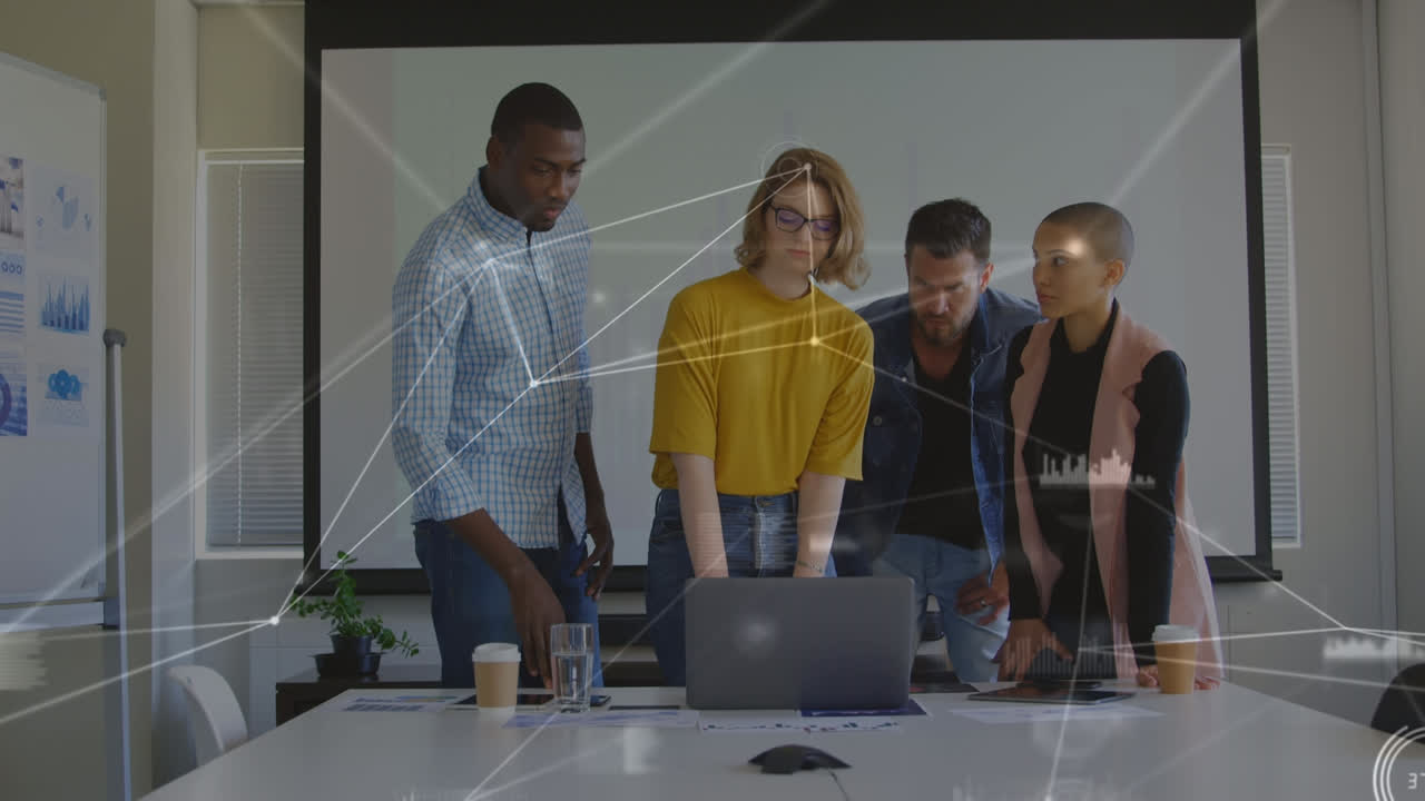 Animation of network of connections over diverse businesspeople working in office