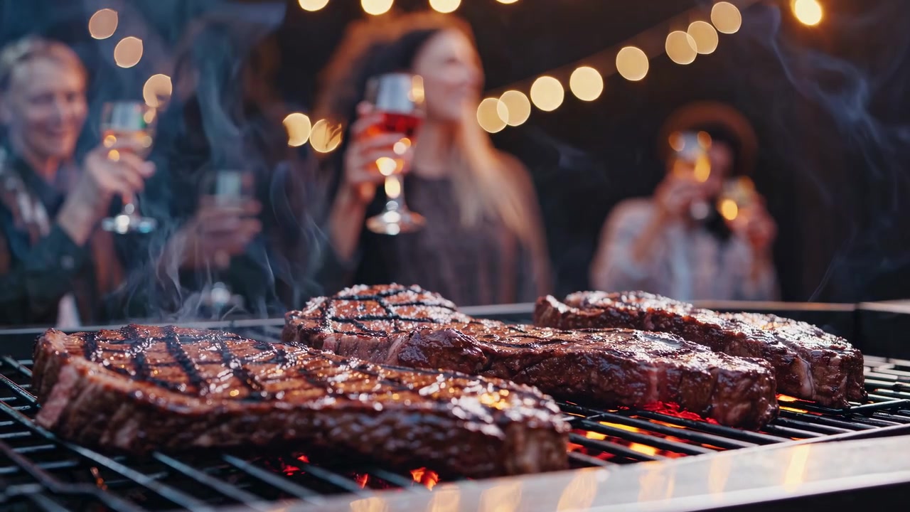 Deliziose bistecche alla griglia su barbecue a una festa notturna all'aperto