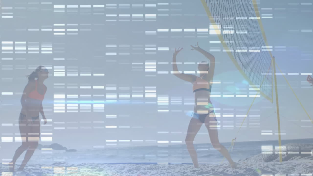 Playing beach volleyball, athletes with digital data overlay enhancing action