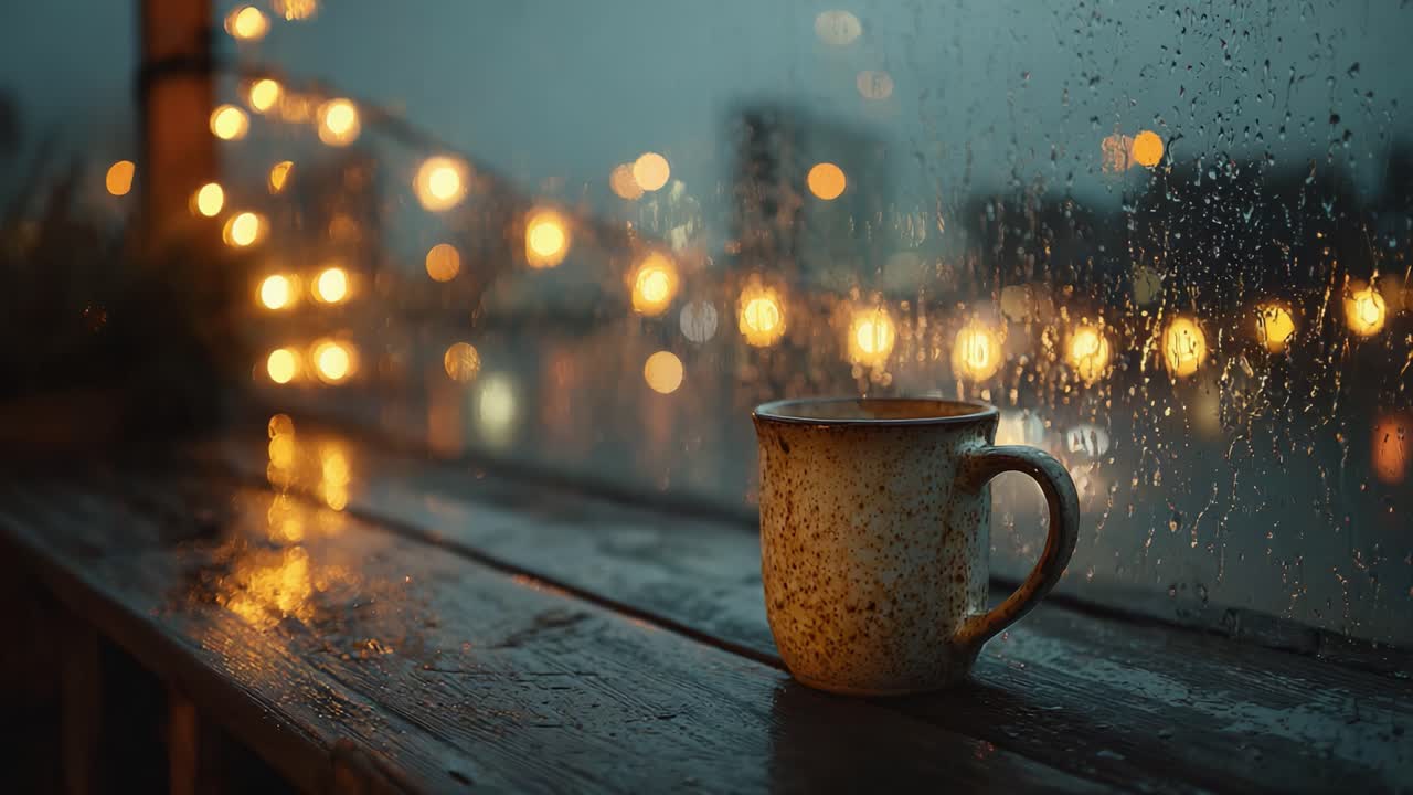 Una serata accogliente con una tazza calda: goditi la tranquillità dei giorni di pioggia e la luce soffusa delle luci fatate attraverso una finestra