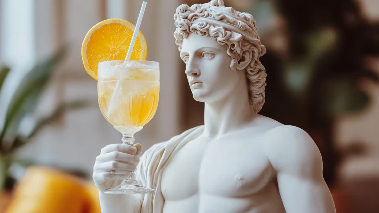 Orange Cocktail with Ancient Greek Statue