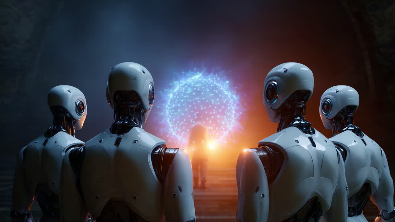 Robot osservano una misteriosa sfera di energia in un ambiente buio, mettendo in risalto la tecnologia avanzata e i concetti futuristici di intelligenza artificiale ed esplorazione