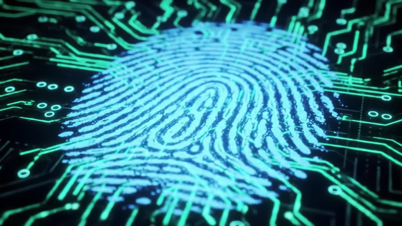 This clip highlights a glowing digital fingerprint on a circuit board background, representing advancements in biometric technology and security.
