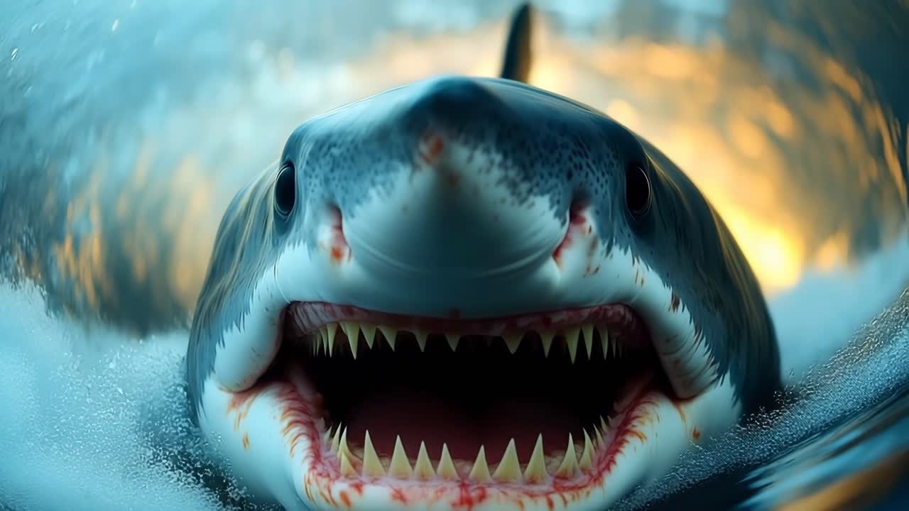 Shark surfaces from the depths. A great white shark is shown breaching the surface, displaying its teeth in a dramatic underwater setting.