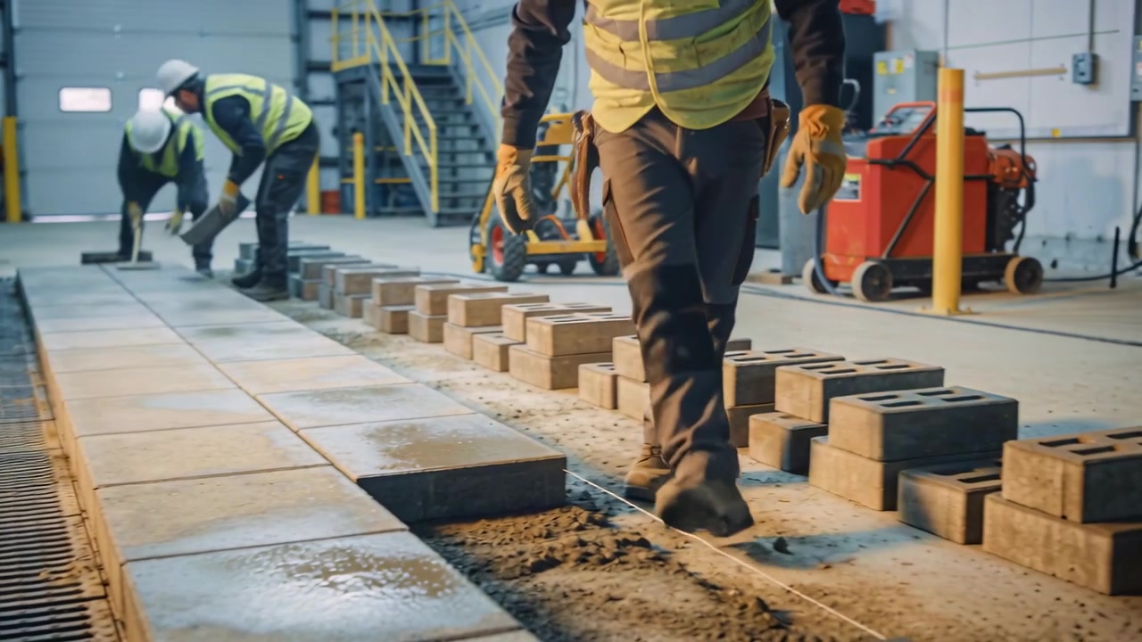 Placing front worker retrieving and aligning paving slabs at site with guide string hard hat vest