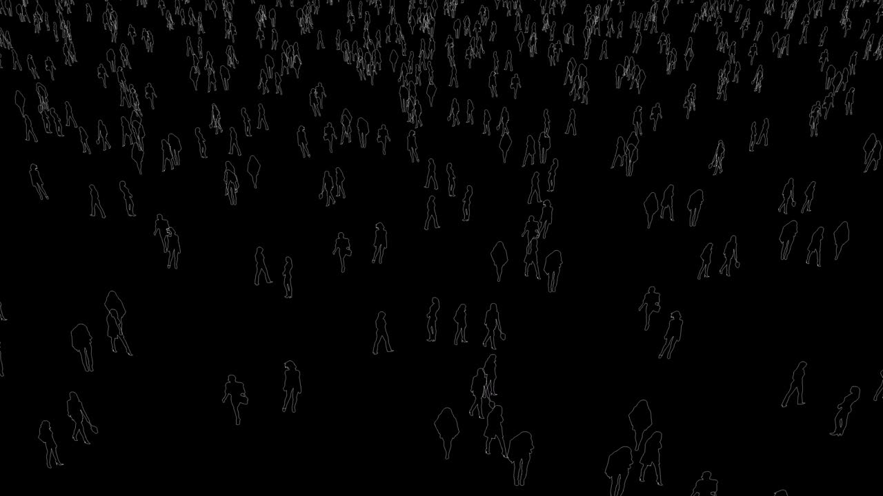 하늘에서 높은 곳에서 오는 사람들이 검은 고립 된 배경에서 비행 카메라에 의해 군중을 윤