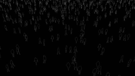 viniendo desde lo alto en el cielo blanco para delinear la multitud de personas por cámara voladora en fondo negro aislado