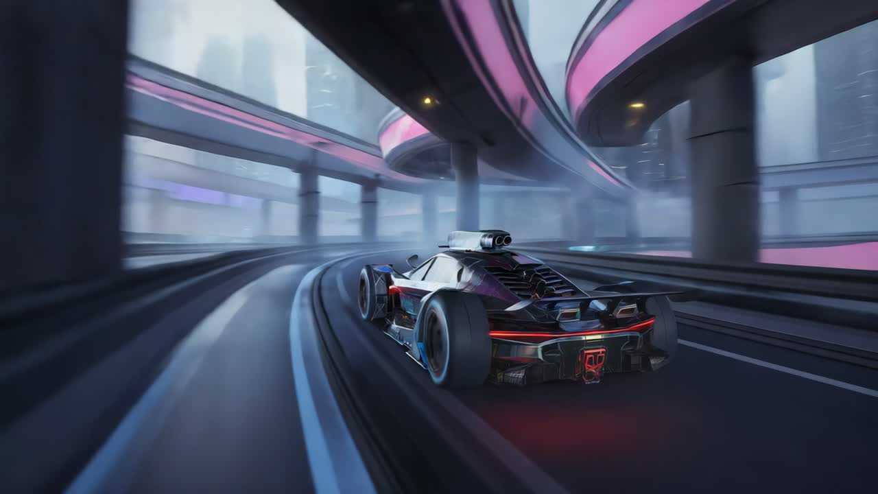 Futuristic Sports Car on a Cyberpunk City Highway