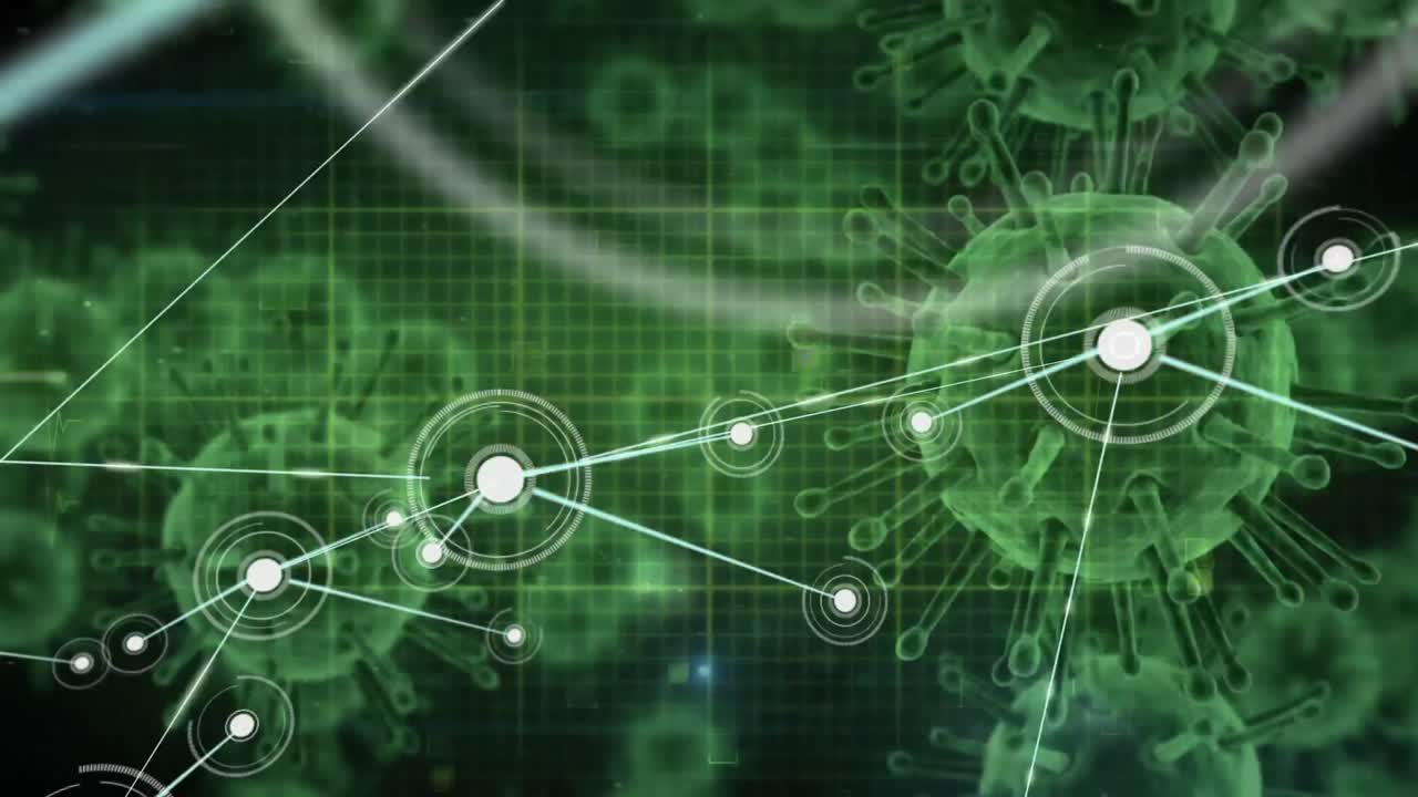 Animation of macro coronavirus Covid-19 cells spreading over a connection's network on a green grid