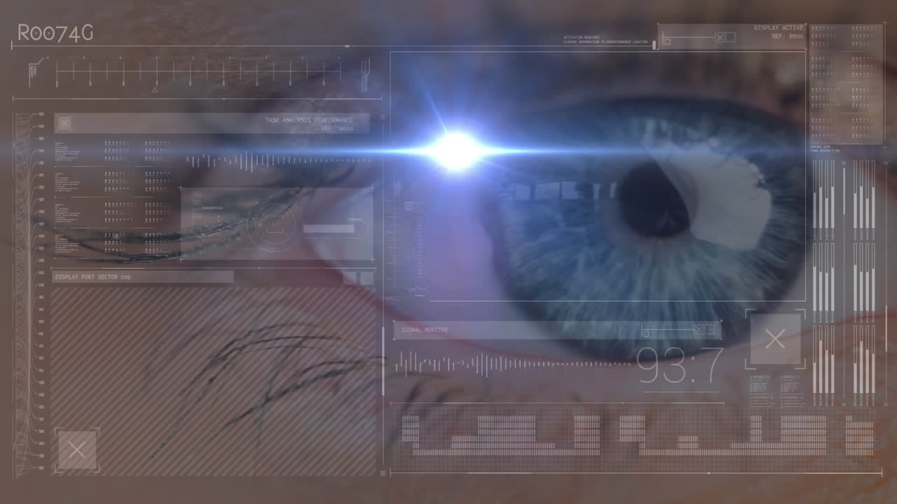 animación de estadísticas y procesamiento de datos sobre el ojo en el fondo