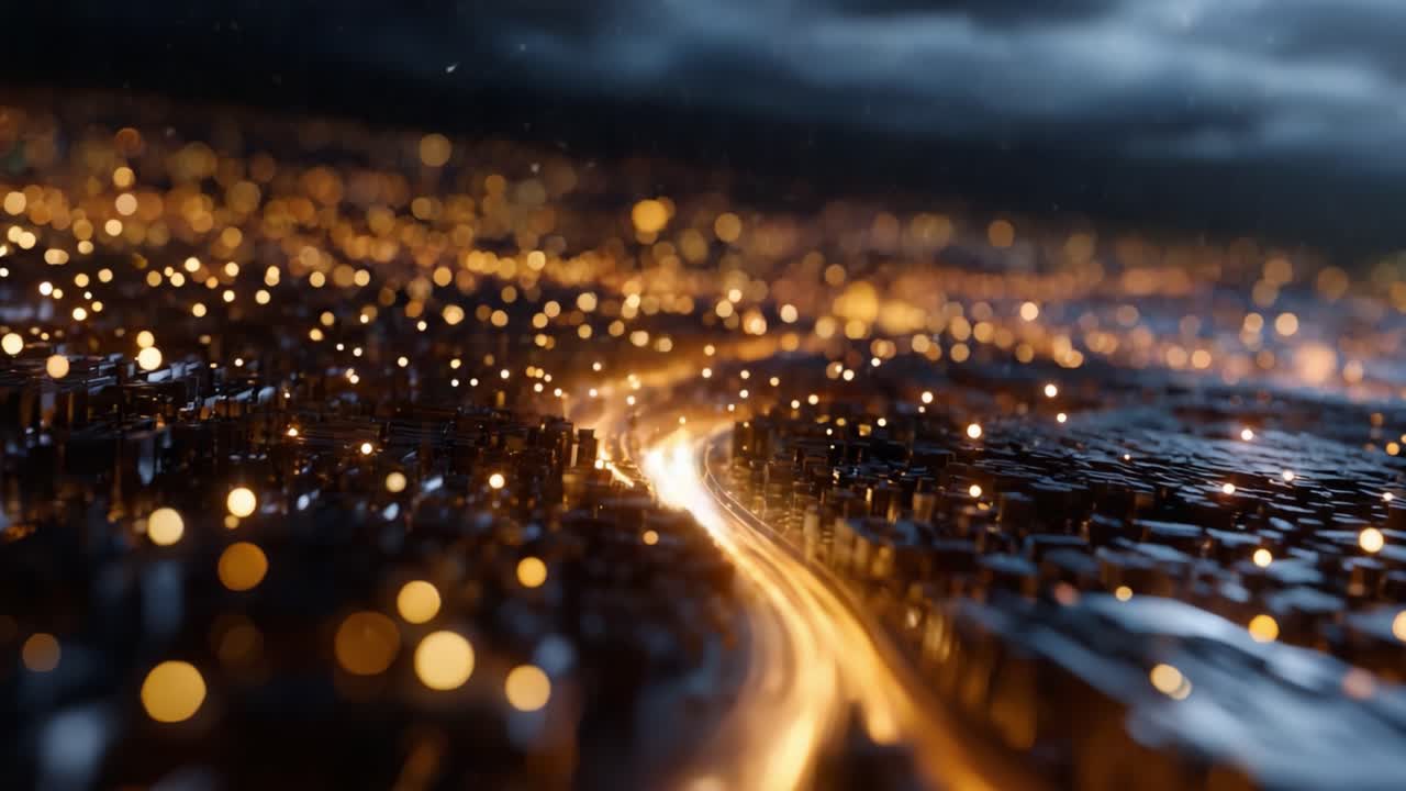 Una vista affascinante di un paesaggio urbano illuminato al crepuscolo, luci scintillanti e un bokeh delicato creano una scena incantevole piena di colori vivaci e texture ricche