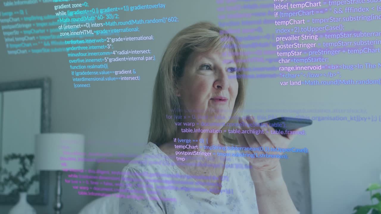 データ処理のアニメーション 高齢の白人女性がスマートフォンで話している