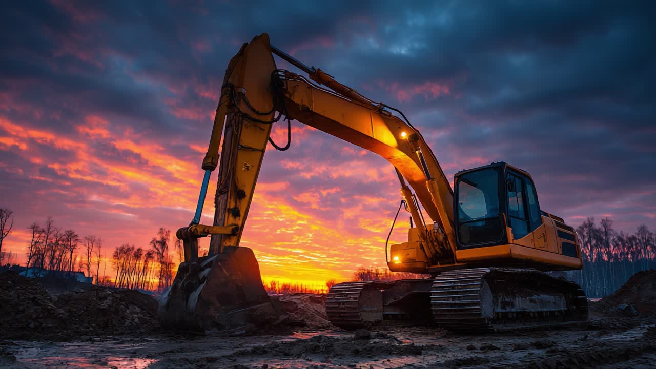 A Majestic Excavator Against the Backdrop of a Vibrant Sunset in the Construction Site: Showcasing the Power of Heavy Machinery in Action