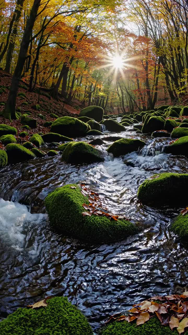 Un video sereno di un ruscello nel bosco con la luce del sole che filtra attraverso le foglie autunnali.