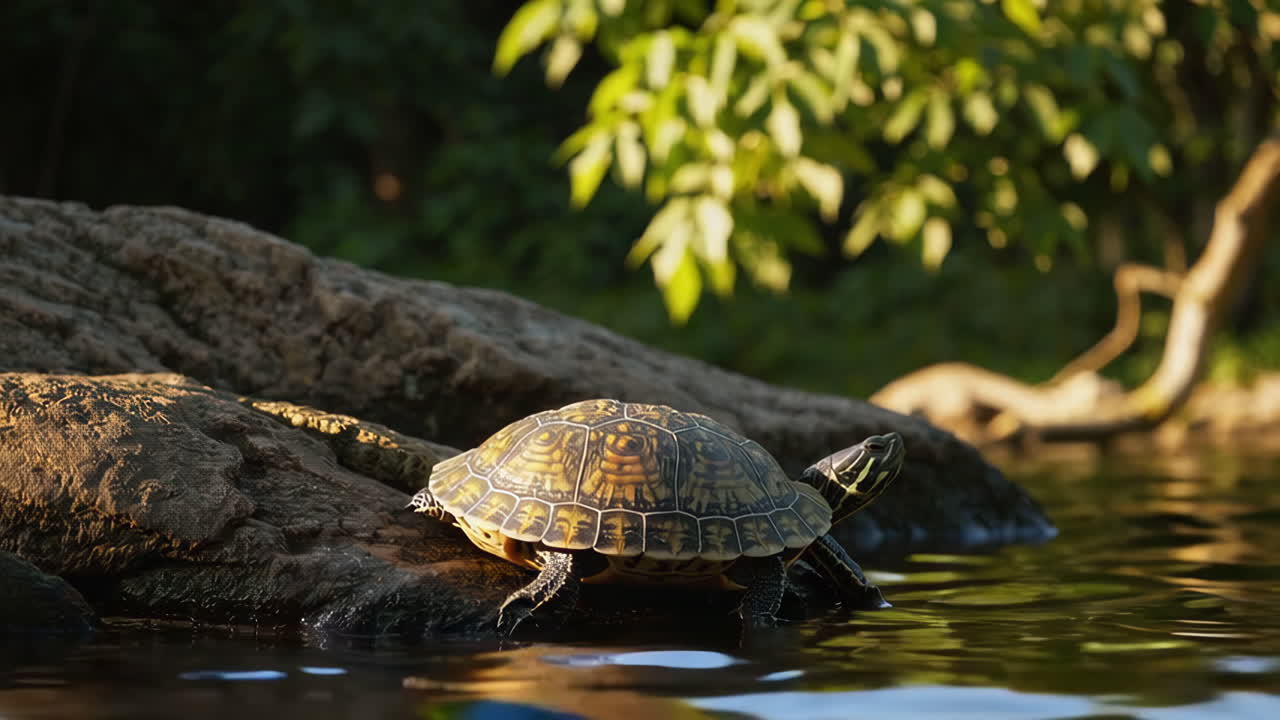 A turtle resting on a rock in the water
