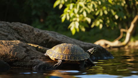 a turtle resting on a rock in the water