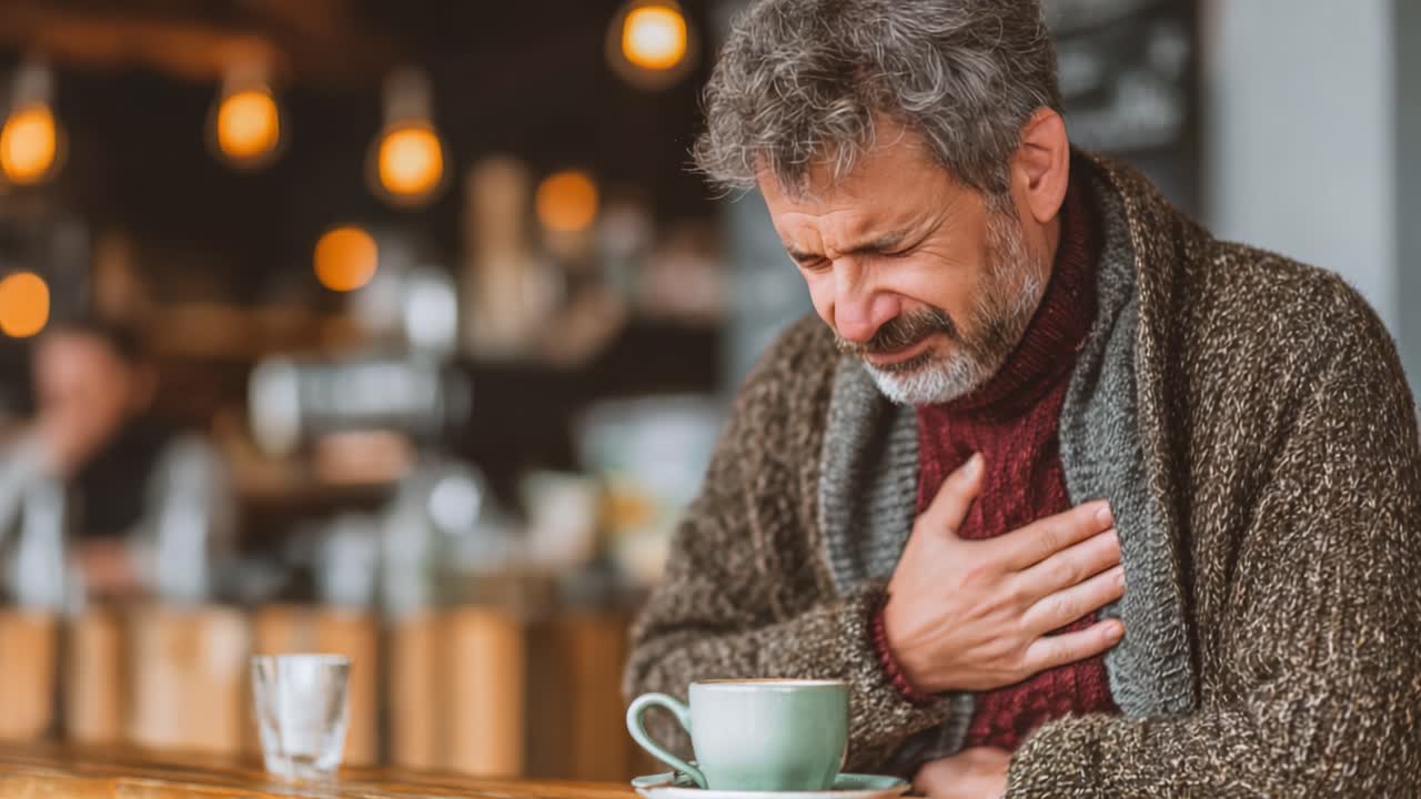 A Thoughtful Moment: A Man Reflects While Holding a Cup of Tea in a Cozy Cafe, Expressing Emotion and Contemplation Amidst a Warm Atmosphere