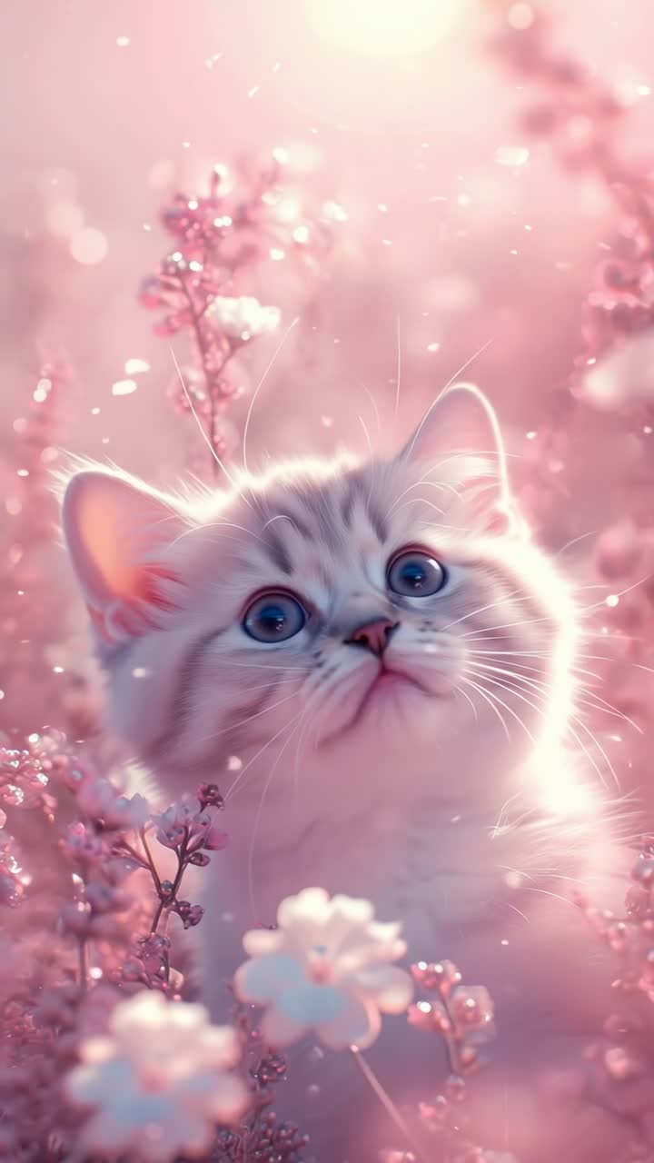 A dreamy, soft-focus video still of a fluffy cat surrounded by pink blossoms, captured from a low