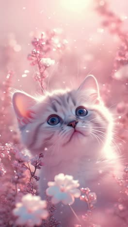 a dreamy, soft-focus video still of a fluffy cat surrounded by pink blossoms, captured from a low