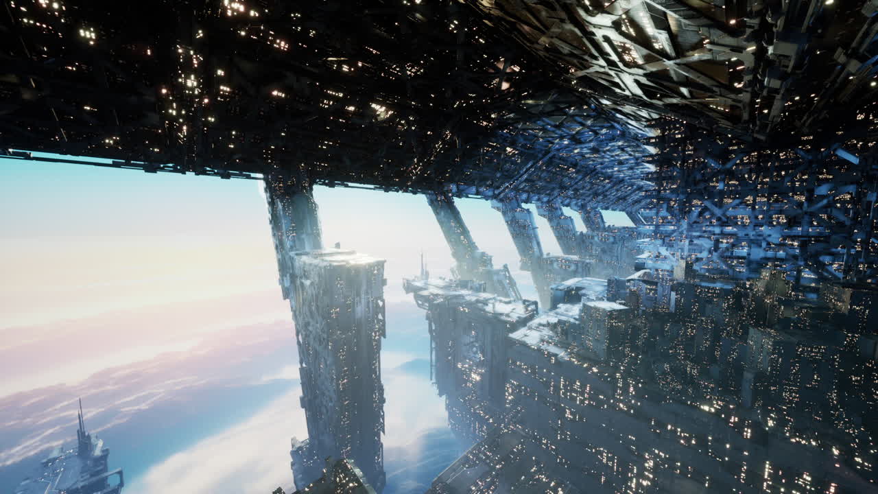 Futuristic cityscape in the sky with towering structures and bright lights