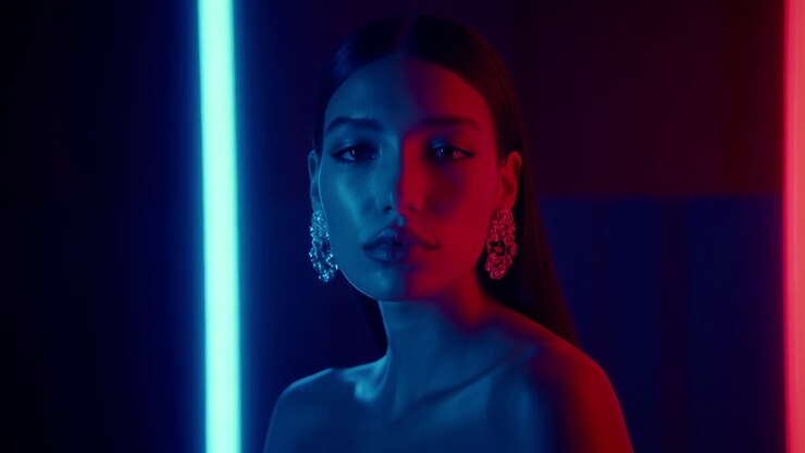Ritratto suggestivo con luci al neon rosse e blu