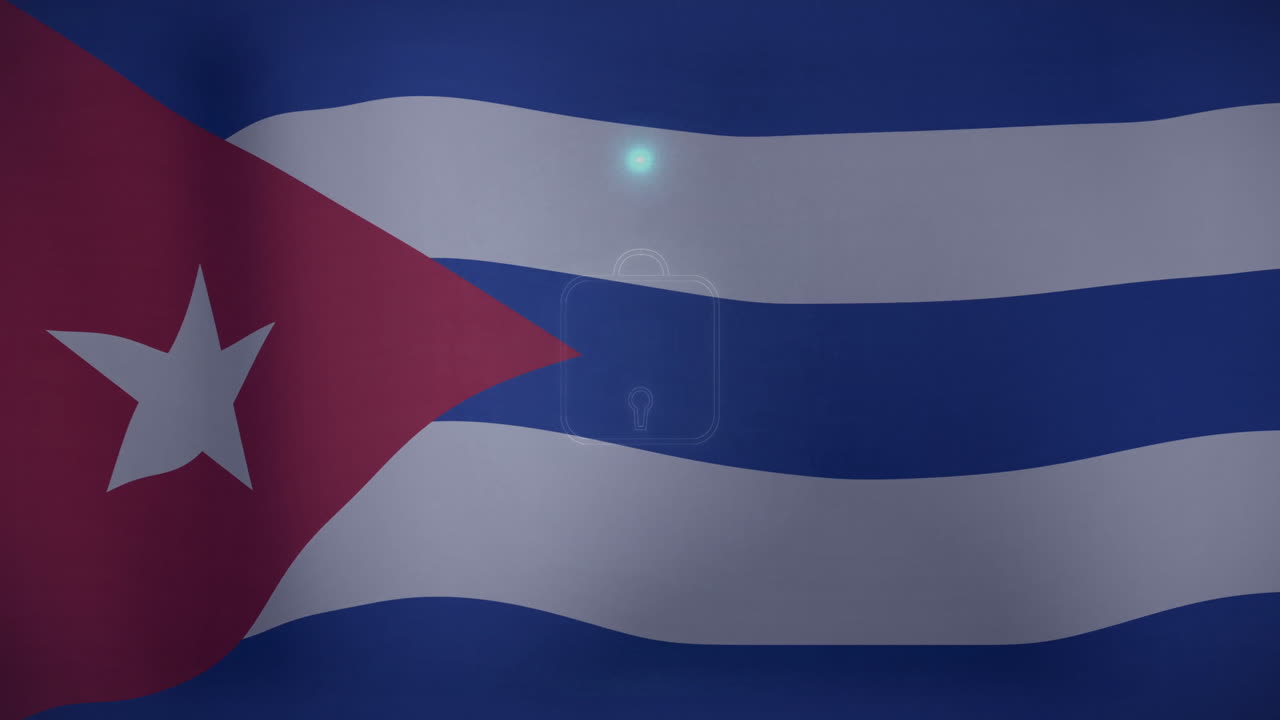 Bandiera cubana con lucchetto digitale che simboleggia la cybersecurity e la protezione nel design dell'animazione